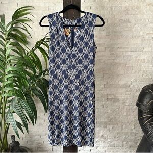 TORY BURCH Navy Blue “Nicola” Chain Print Jersey 100% Silk Knit Dress Size S